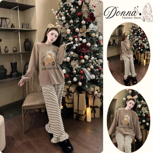 Set đồ nữ, đồ bộ nữ DONNA HCOM3599 thu đông áo gấu nơ mix quần kẻ viền bèo dáng suông
