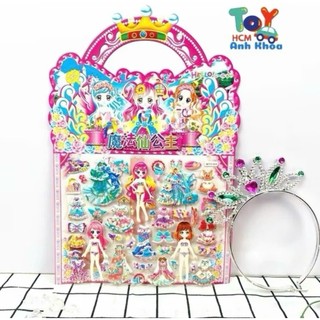 sỉ túi 6 tờ hình dán sticker nhựa nổi thời trang công chúa kèm vương miệng k77
