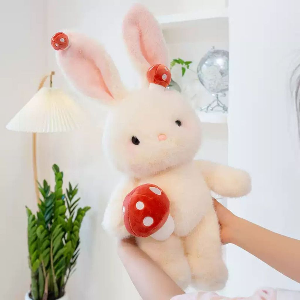 Gấu bông thỏ trắng ôm nấm dễ thương, Thỏ bông tai dài lông thỏ mềm mại quà tặng sinh nhật đáng yêu cho bạn gái,cho bé