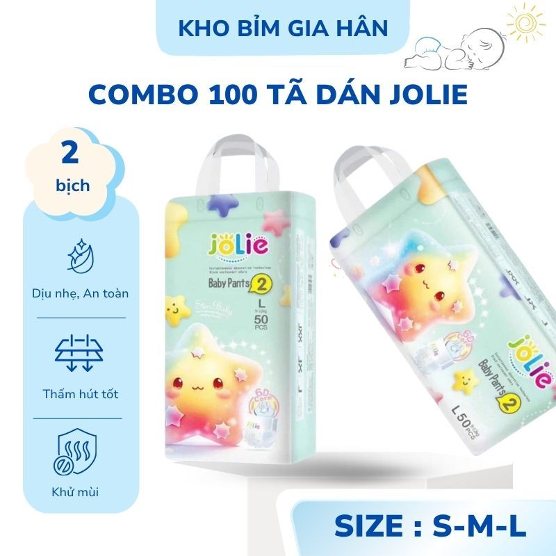 Combo 50-100 Miếng Tã Dán Jolie – Size S M L Cho Bé 3–12kg, Siêu Mỏng, Khô Thoáng Cả Ngày