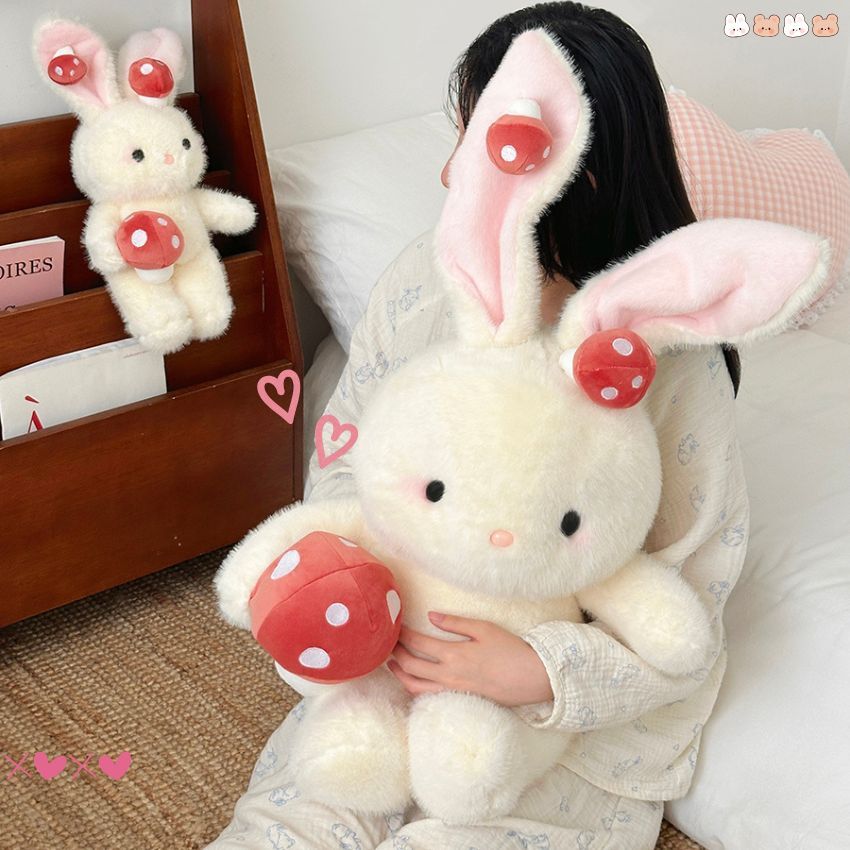 Gấu bông thỏ trắng ôm nấm dễ thương, Thỏ bông tai dài lông thỏ mềm mại quà tặng sinh nhật đáng yêu cho bạn gái,cho bé