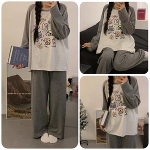 Bộ Đồ Ngủ Nữ Tay Raglan Xám Chất Nỉ Cotton Mềm Mại In Hình Thú Cưng Kute - Quần Dài Ống Suông Thu Đông