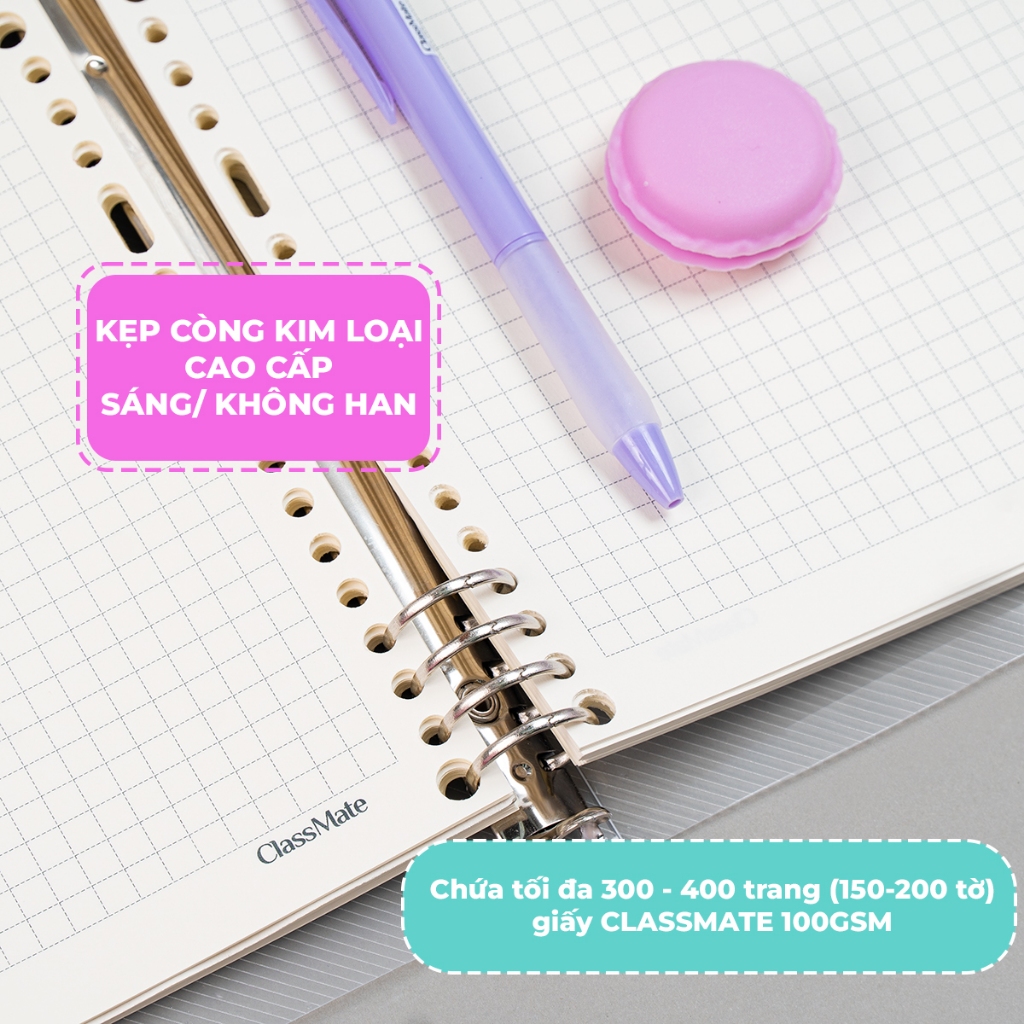 [Tặng 1 Bút] Sổ Còng Binder A5 B5 Chứa Được 150/200 Tờ Giấy Refill 100GSM Có Trang Keo Kẻ Ngang Caro Còng Kim Loại 2 Đầu