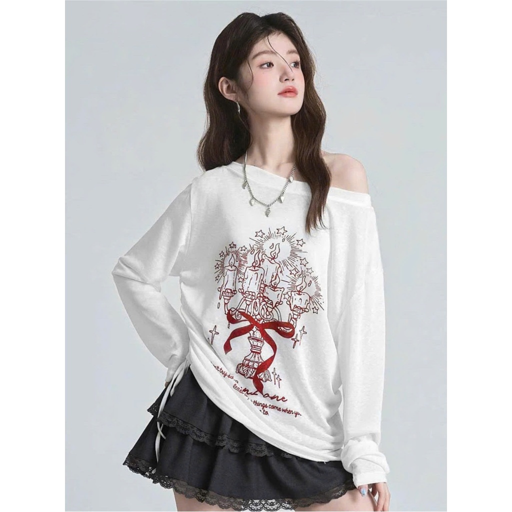 Áo dài tay lệch vai dây rút eo nữ tính JULY FASHION, Áo thun nữ tay dài vai trễ in hình hottrend2025, chất xượt mềm mịn