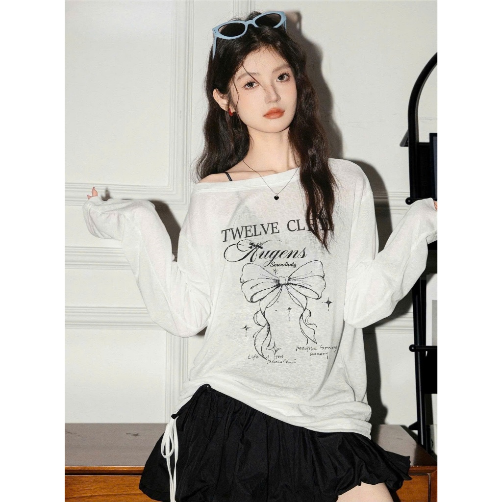 Áo dài tay lệch vai dây rút eo nữ tính JULY FASHION, Áo thun nữ tay dài vai trễ in hình hottrend2025, chất xượt mềm mịn