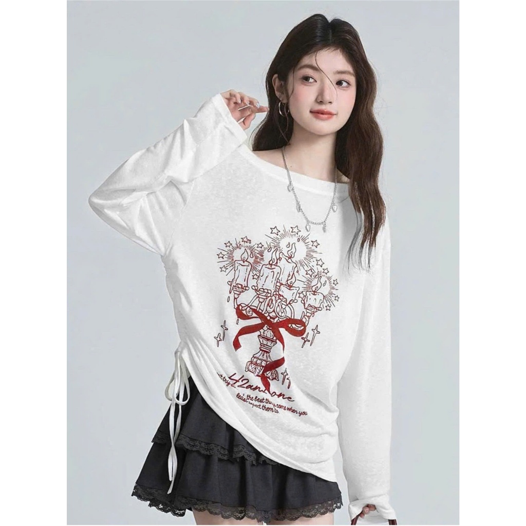 Áo dài tay lệch vai dây rút eo nữ tính JULY FASHION, Áo thun nữ tay dài vai trễ in hình hottrend2025, chất xượt mềm mịn
