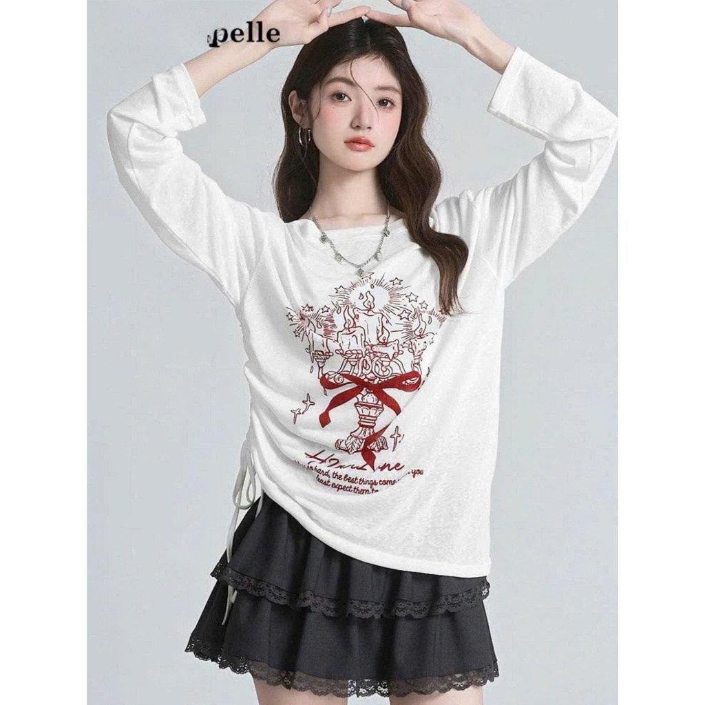 Áo dài tay lệch vai dây rút eo nữ tính JULY FASHION, Áo thun nữ tay dài vai trễ in hình hottrend2025, chất xượt mềm mịn