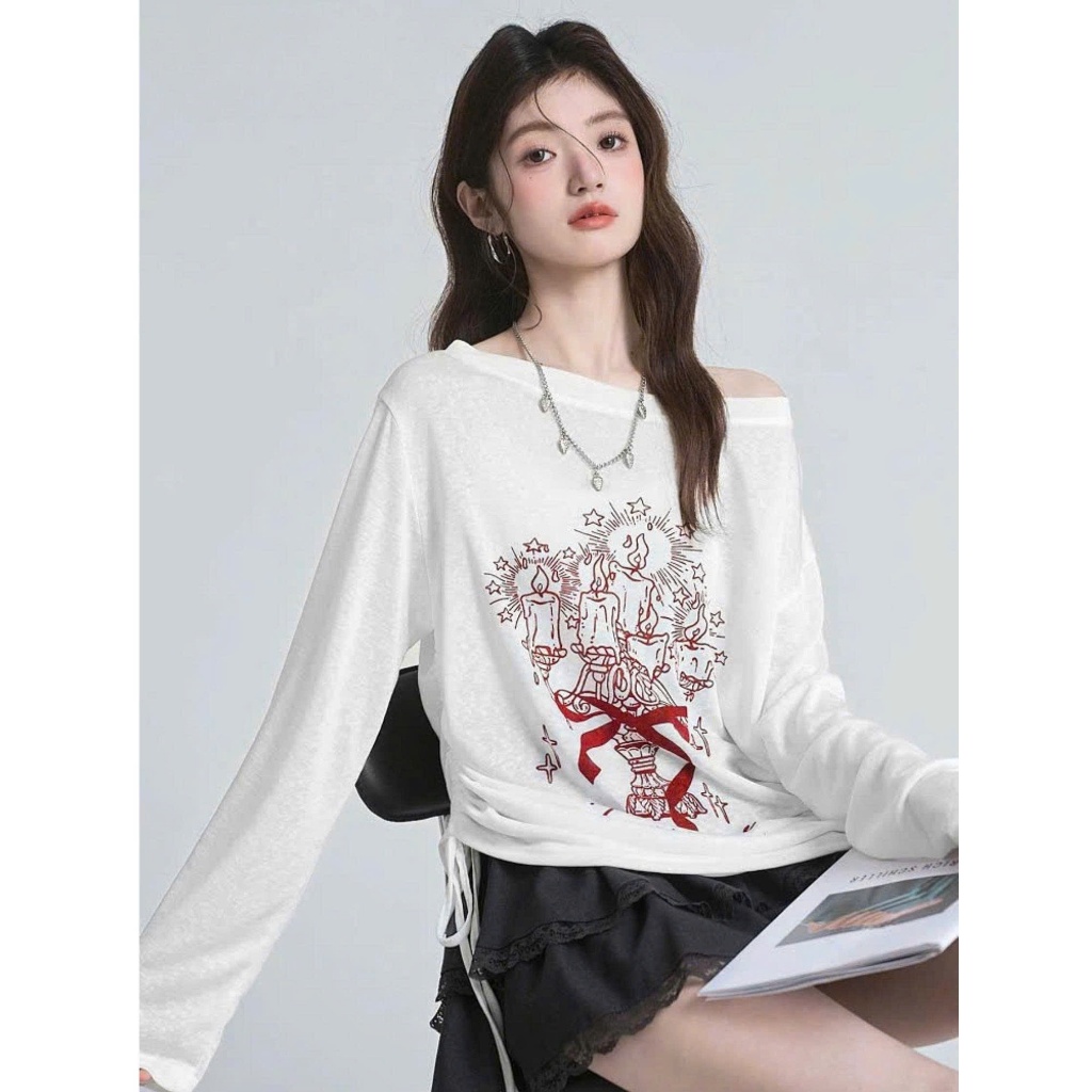 Áo dài tay lệch vai dây rút eo nữ tính JULY FASHION, Áo thun nữ tay dài vai trễ in hình hottrend2025, chất xượt mềm mịn