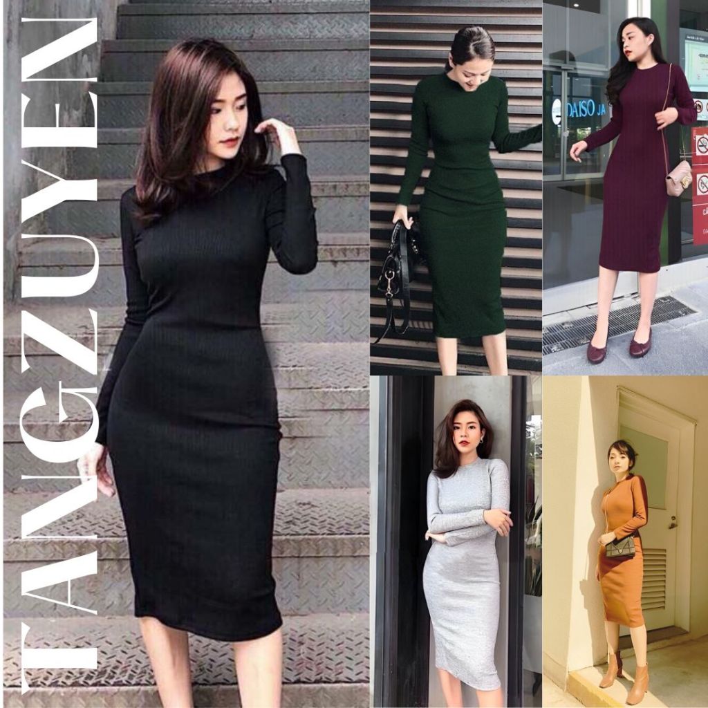 Váy ôm body dài tay cổ tròn dáng lỡ chất thun tăm đen xám basic Đầm len thu đông tôn dáng ulzzang đi chơi T599G