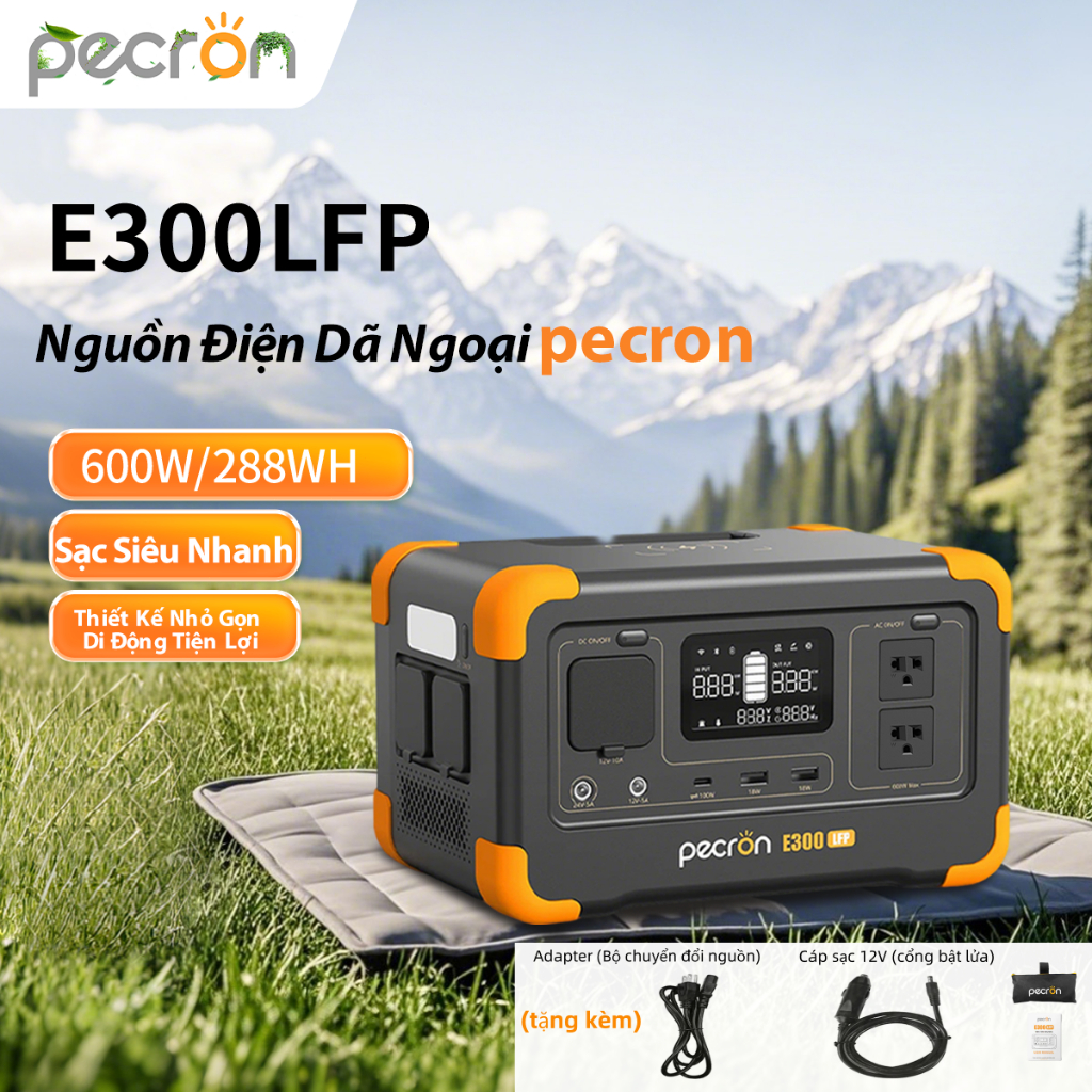 Pecron E300LFP 300W  (đỉnh 600W) trạm sạc di động, pin LiFePO4, dùng khi mất điện, sạc quạt, đèn