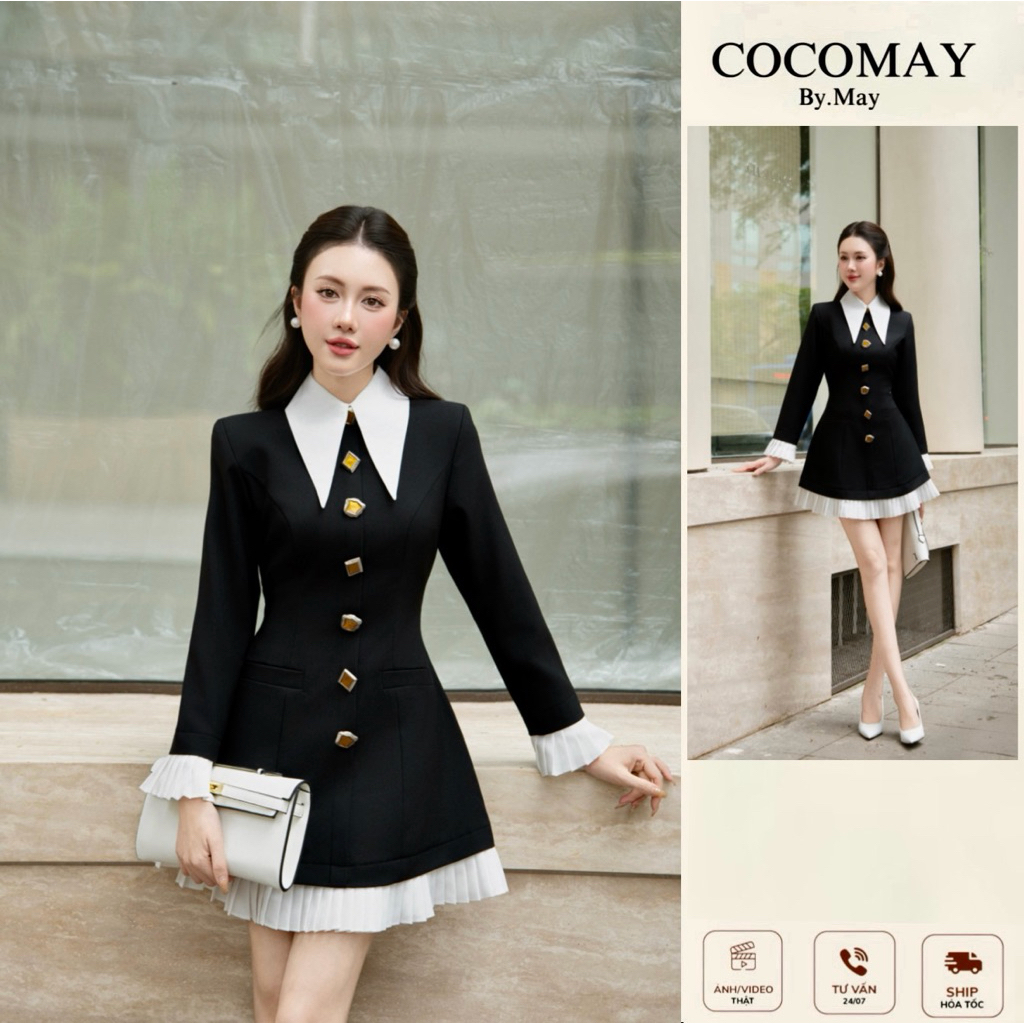 COCOMAY Đầm tiểu thư thanh lịch phối cổ tay xếp li cao cấp nử Dress ...