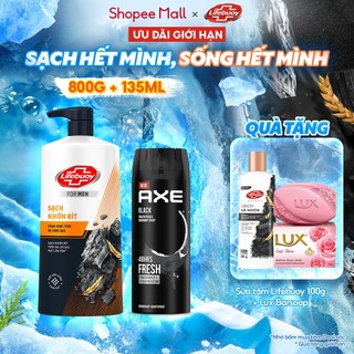 Combo Sữa tắm Lifebuoy Detox và Bảo vệ khỏi vi khuẩn 800gr(Chai) và Xịt nước hoa nam toàn thân AXE135ml