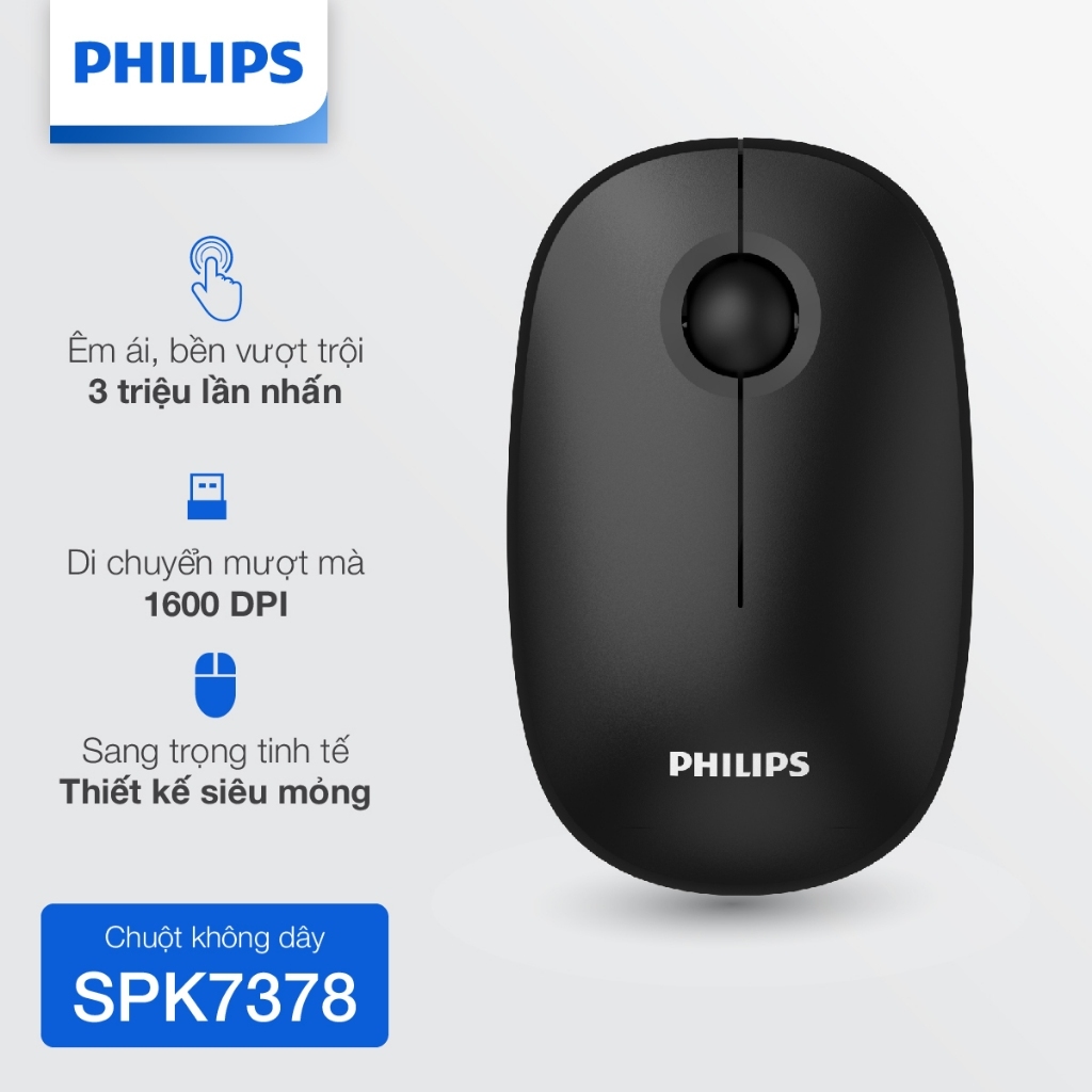 Chuột không dây Philips SPK7378 Chính Hãng – Kết nối 2.4GHz ổn định, thiết kế nhỏ gọn, pin bền