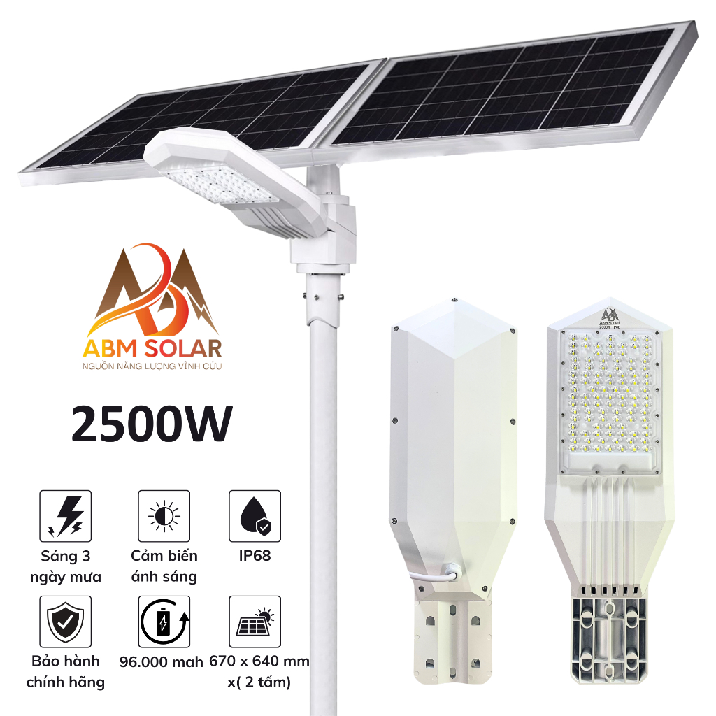 [2500W] Đèn Công Trình Dự Án Công Suất Lớn Năng Lượng Mặt Trời ABMSOLAR, Vỏ Nhôm Nguyên Khối, Chiếu Sáng Diện Tích 450m2