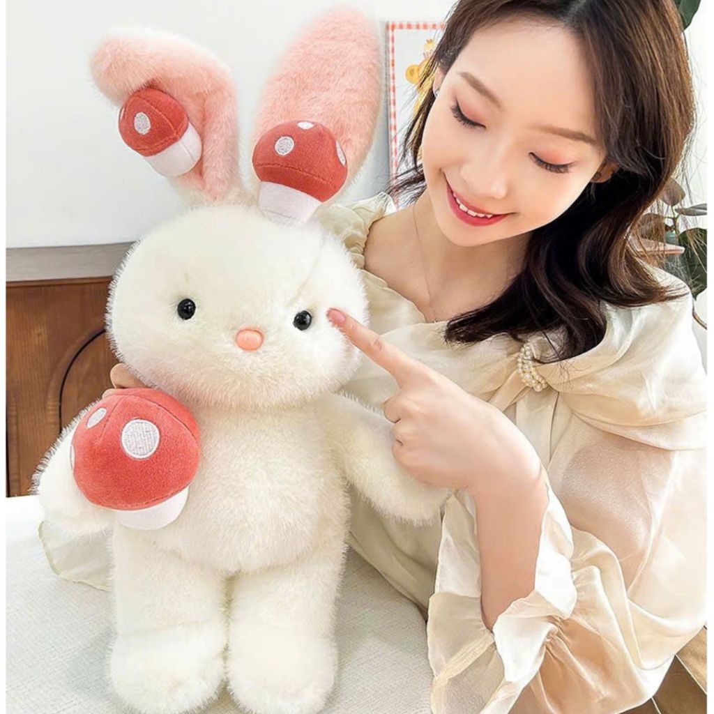 Gấu Bông Thỏ Trắng Ôm Nấm Đáng Yêu, Thỏ Bông Tai Dài Lông Thỏ Tơ Mềm Mại Làm Quà Tặng Sinh Nhật Cho Bạn Gái, Cho Bé