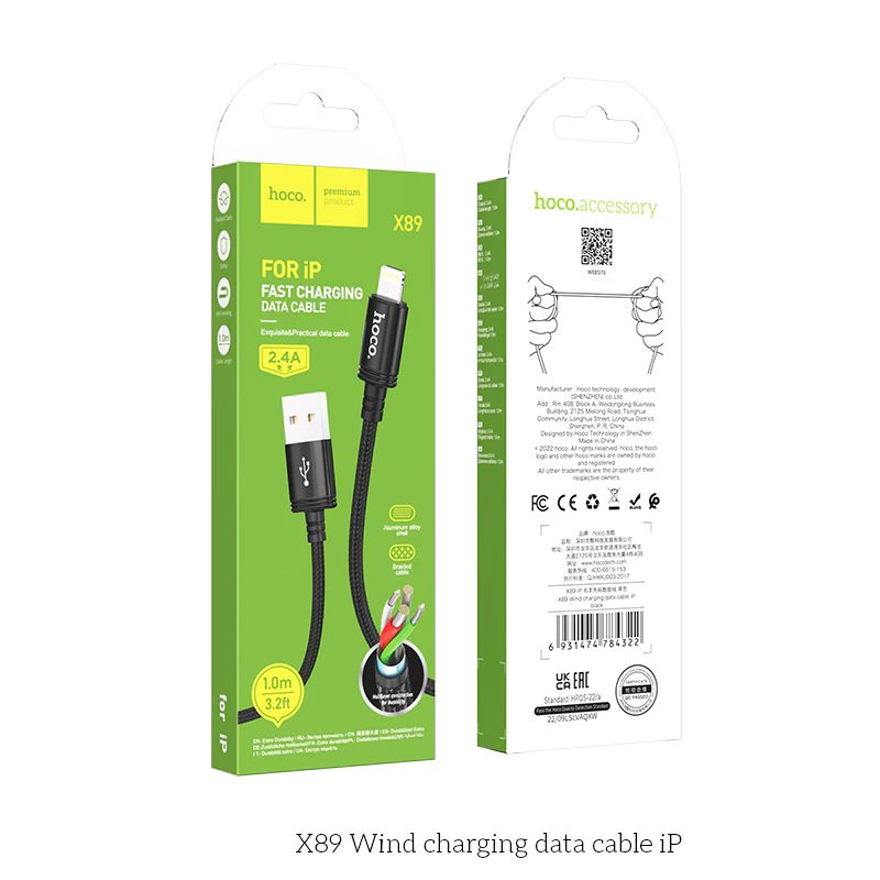 Cáp Sạc Nhanh 1m cho iP Hoco X89 USB to Light 2.4A – Bọc Dù Chống Đứt, Sạc Ổn Định Cho Điện Thoại
