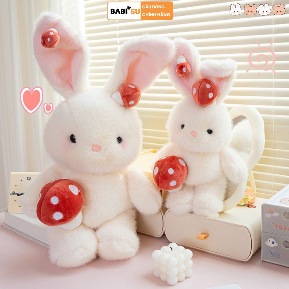 Gấu Bông Thỏ Trắng Cầm Nấm Đỏ Thỏ Bông Tai Dài Lông Lông Tơ Mềm Mại Làm Quà Tặng Cho Bé,Bạn Gái Ôm NGủ