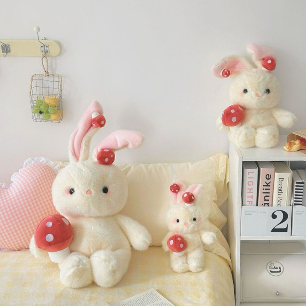 Gấu Bông Thỏ Trắng Cầm Nấm Đỏ Thỏ Bông Tai Dài Lông Lông Tơ Mềm Mại Làm Quà Tặng Cho Bé,Bạn Gái Ôm NGủ