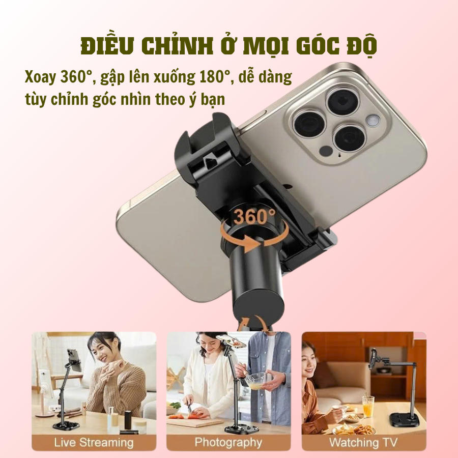 Giá đỡ điện thoại T10, kẹp điện thoại Livestream quay video review sản phẩm xem phim quay 360 tùy chỉnh độ cao, góc quay