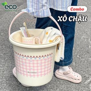 Combo Xô Tắm Chậu Rửa Mặt Kèm Giỏ Đựng Đồ Đa Năng Họa Tiết Caro Dễ Thương Chất Liệu Nhựa PP Cao Cấp