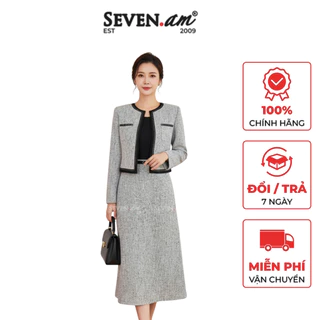 Đầm A ghi đen text phối chéo thời trang nữ Seven.AM H604046I (Không kèm áo khoác)