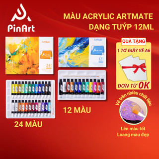 Màu Acrylic Tuýp 12ml Artmate 12 24 Màu Chất Mịn, Đậm Đặc, Dễ Tán, Pha Trộn Màu Kèm Cọ Và Khay, Vẽ Trên Nhiều Chất Liệu