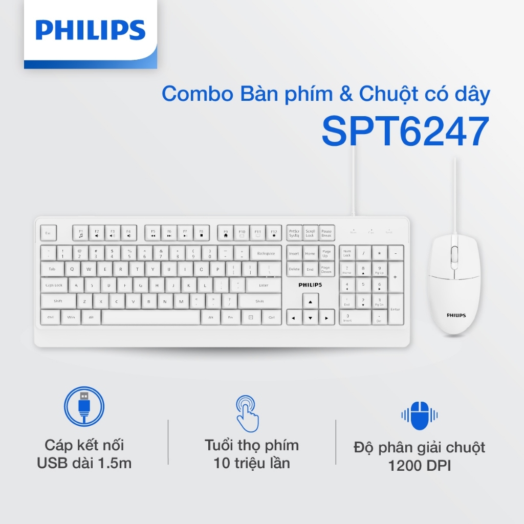 Combo bàn phím và chuột có dây Philips SPT6247 Chính Hãng – Kết nối USB tiện dụng, phím êm