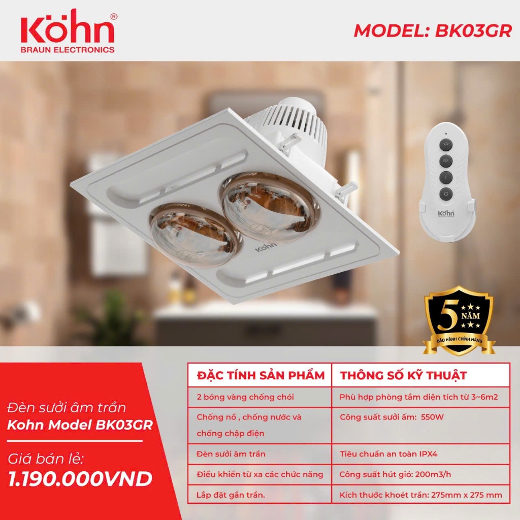 Đèn sưởi Âm trần 2 bóng nhà tắm Kohn BK03G / BK03GR - HÀNG CHÍNH HÃNG
