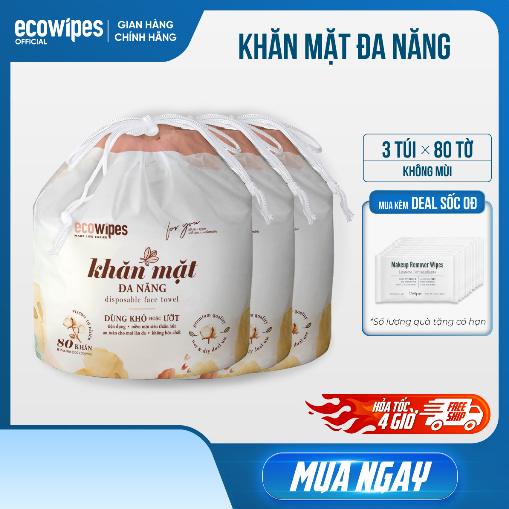 Combo 3 Cuộn Khăn Mặt Khô Ecowipes 80 Tờ Kèm Túi Rút - Hình Ảnh Thực Tế