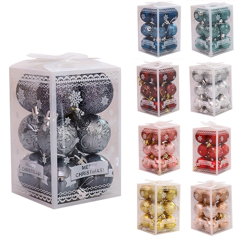 Hộp  12 quả 6cm  gồm 3 loại châu tiện dụng trang trí cây thông Noel gắn vòng hoa giáng sinh