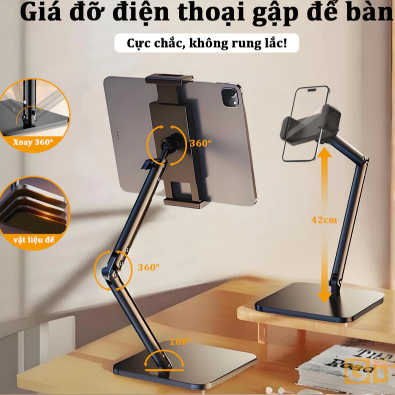 Giá đỡ máy tính bảng, ipad để bàn hợp kim nhôm xoay 360 độ 4 chiều cơ học đa năng, Đế đúc chắc chắn chống rung gấp gọn