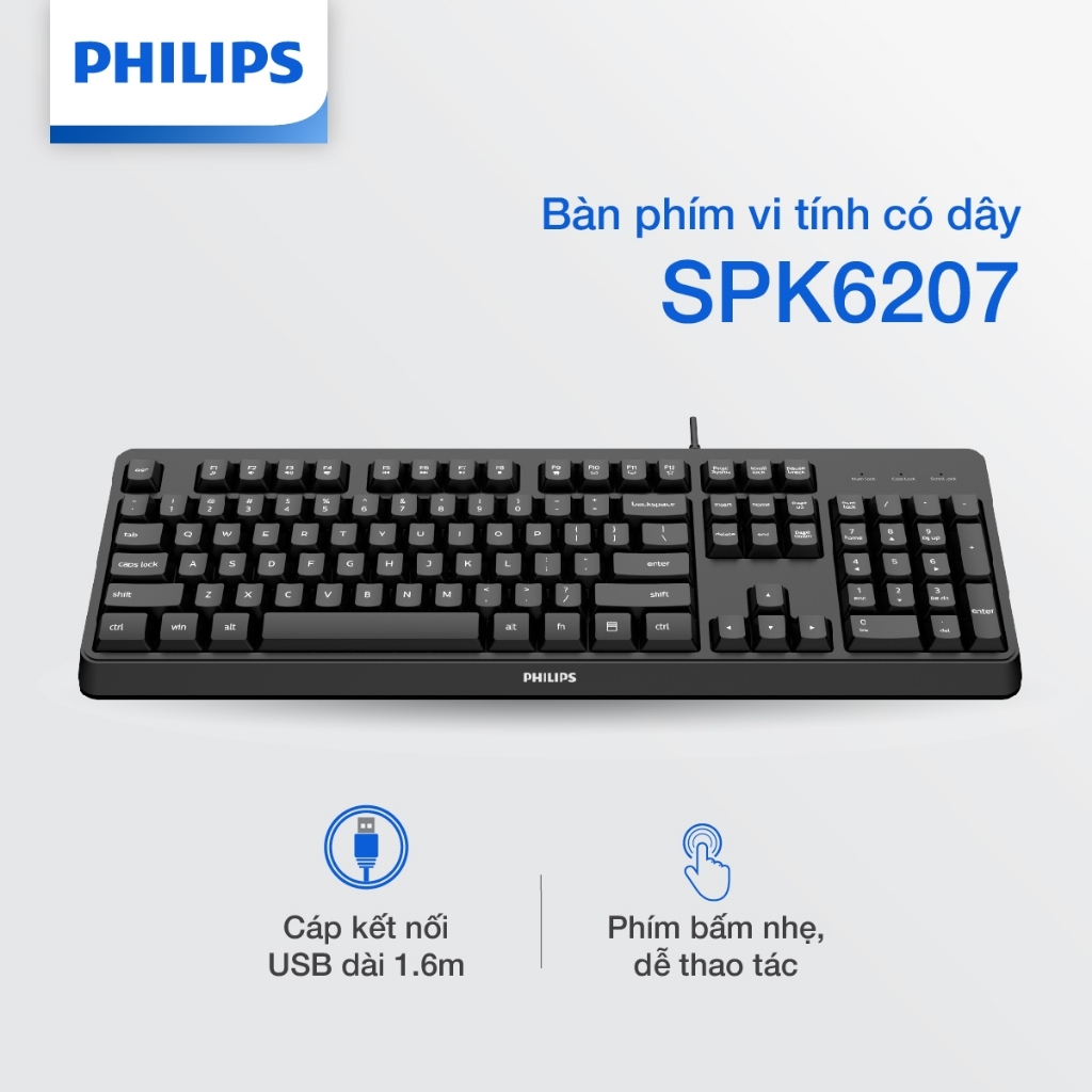 Bàn phím có dây Philips SPK6207 Chính Hãng – Phím cơ hành trình ngắn, gõ êm, bền bỉ cho máy tính