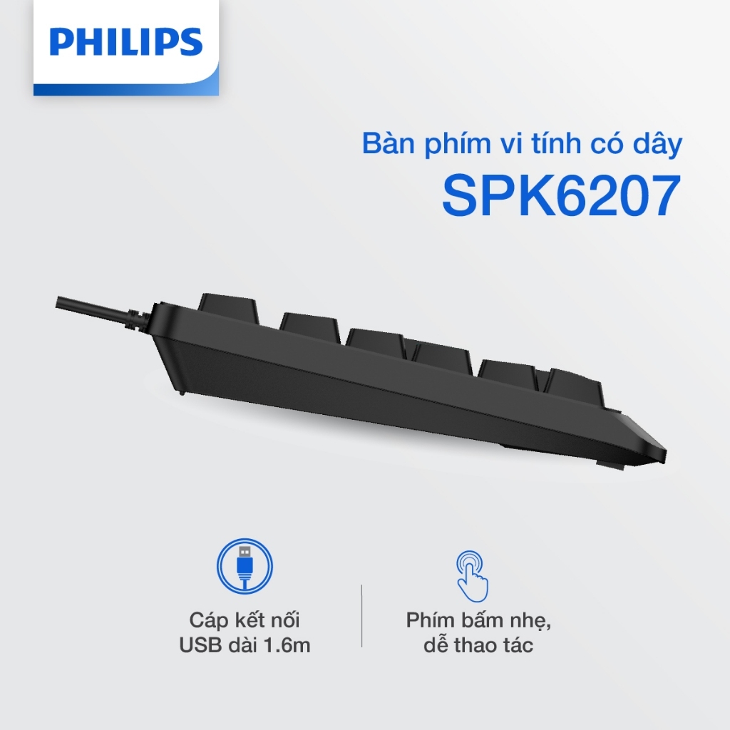 Bàn phím có dây Philips SPK6207 Chính Hãng – Phím cơ hành trình ngắn, gõ êm, bền bỉ cho máy tính