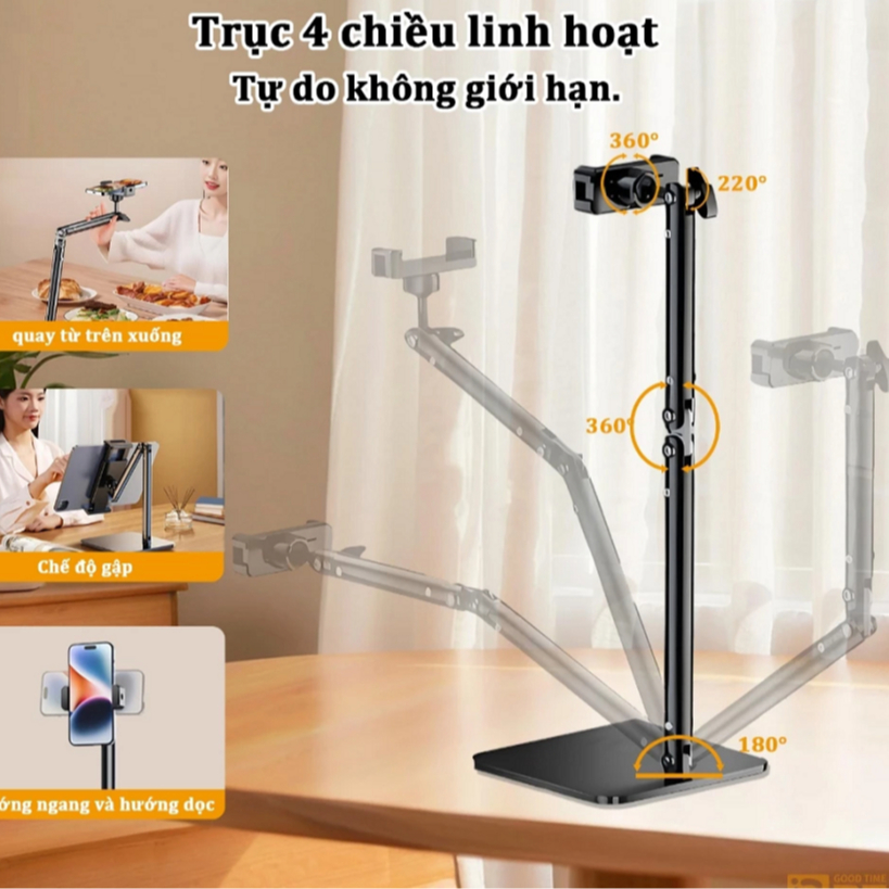 Giá đỡ máy tính bảng, ipad để bàn hợp kim nhôm xoay 360 độ 4 chiều cơ học đa năng, Đế đúc chắc chắn chống rung gấp gọn