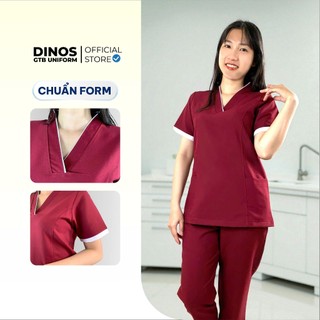 Bộ Scrubs Nam Nữ Dinos Vải Cotton, Màu Đỏ Đô - Làm Đồng Phục Spa, Thẩm Mỹ Viện, Trường Mầm Non