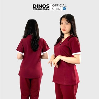 Bộ Scrubs Nam Nữ Dinos Vải Cotton, Màu Đỏ Đô - Làm Đồng Phục Spa, Thẩm Mỹ Viện, Trường Mầm Non