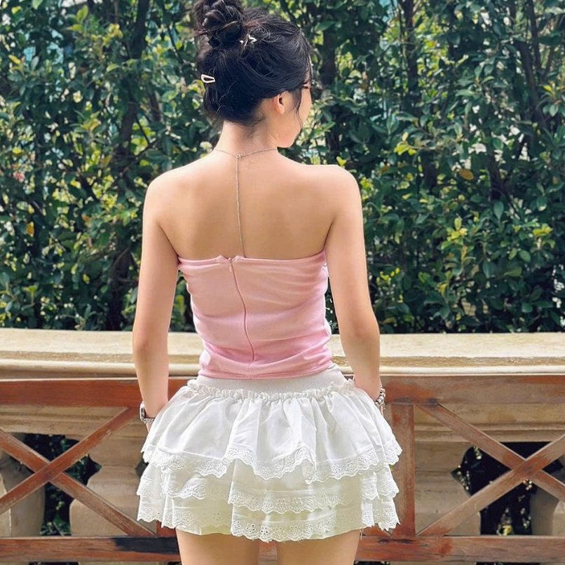 Áo Ống Nữ BABEE Cúp Ngực Croptop Phối Viền Ren Đính Nơ Có Khóa Kéo Sau Phong Cách Cá Tính Quyến Rũ