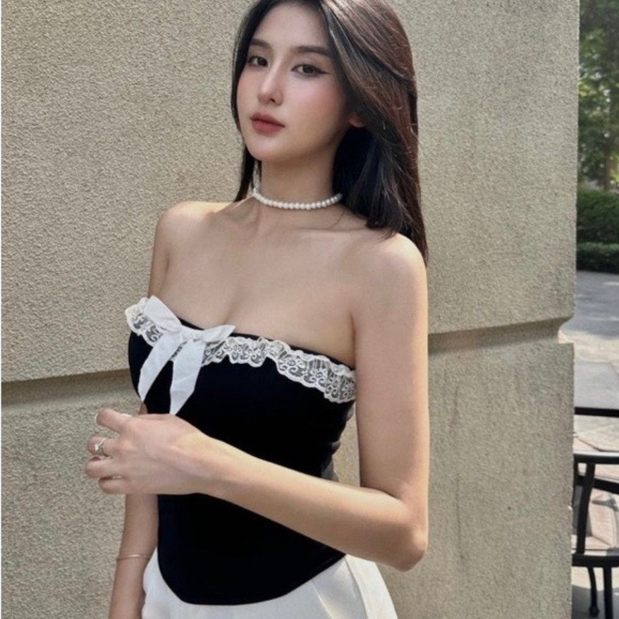 Áo Ống Nữ BABEE Cúp Ngực Croptop Phối Viền Ren Đính Nơ Có Khóa Kéo Sau Phong Cách Cá Tính Quyến Rũ