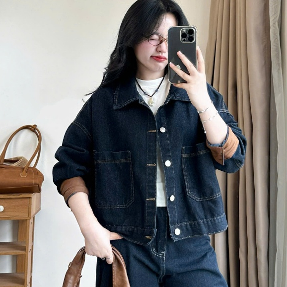 Áo khoác jeans demin nữ dáng lửng phối đồ thu đông năng động cá tính nhiều màu Joolate