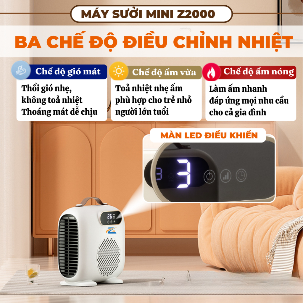 Quạt Sưởi Gốm Zlife 2000w, Máy Sưởi Ấm Tắm Cho Bé Sơ Sinh Làm Nóng Nhanh Không Bị Khô Da Khô Mũi