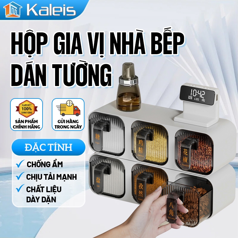 Kaleis Kệ Đựng Gia Vị Dính Tường 3 Ngăn Cao Cấp – Hộp Gia Vị Chống Ẩm Mốc Kèm Thìa