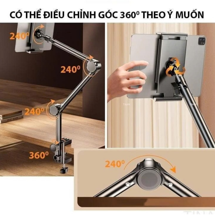 Giá đỡ điện thoại, ipad kẹp cạnh bàn, đầu giường phiên bản mới có khớp nâng độ cao chỉnh xoay 360 đa năng xếp gọn