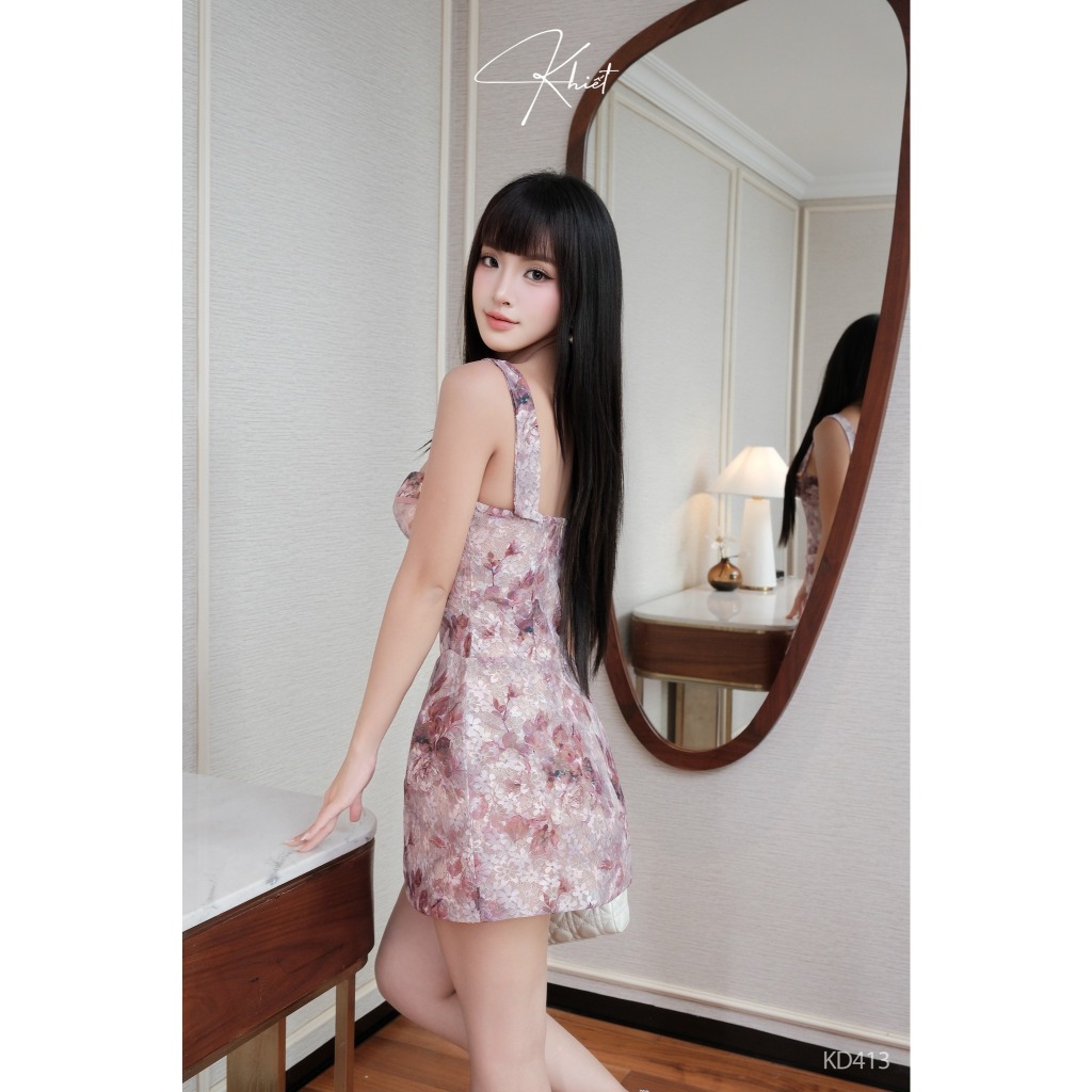 Đầm ren hoa mi Khiết dáng ngắn ôm body họa tiết hoa loang pastel phong cách quyến rũ KD413
