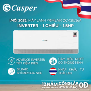 [Shopee - Lắp đặt 0Đ HN HCM] Máy lạnh Casper Inverter PrimeAir 1 chiều 1.5HP QC-12IU36A - Chính hãng - Bảo hành 3 năm