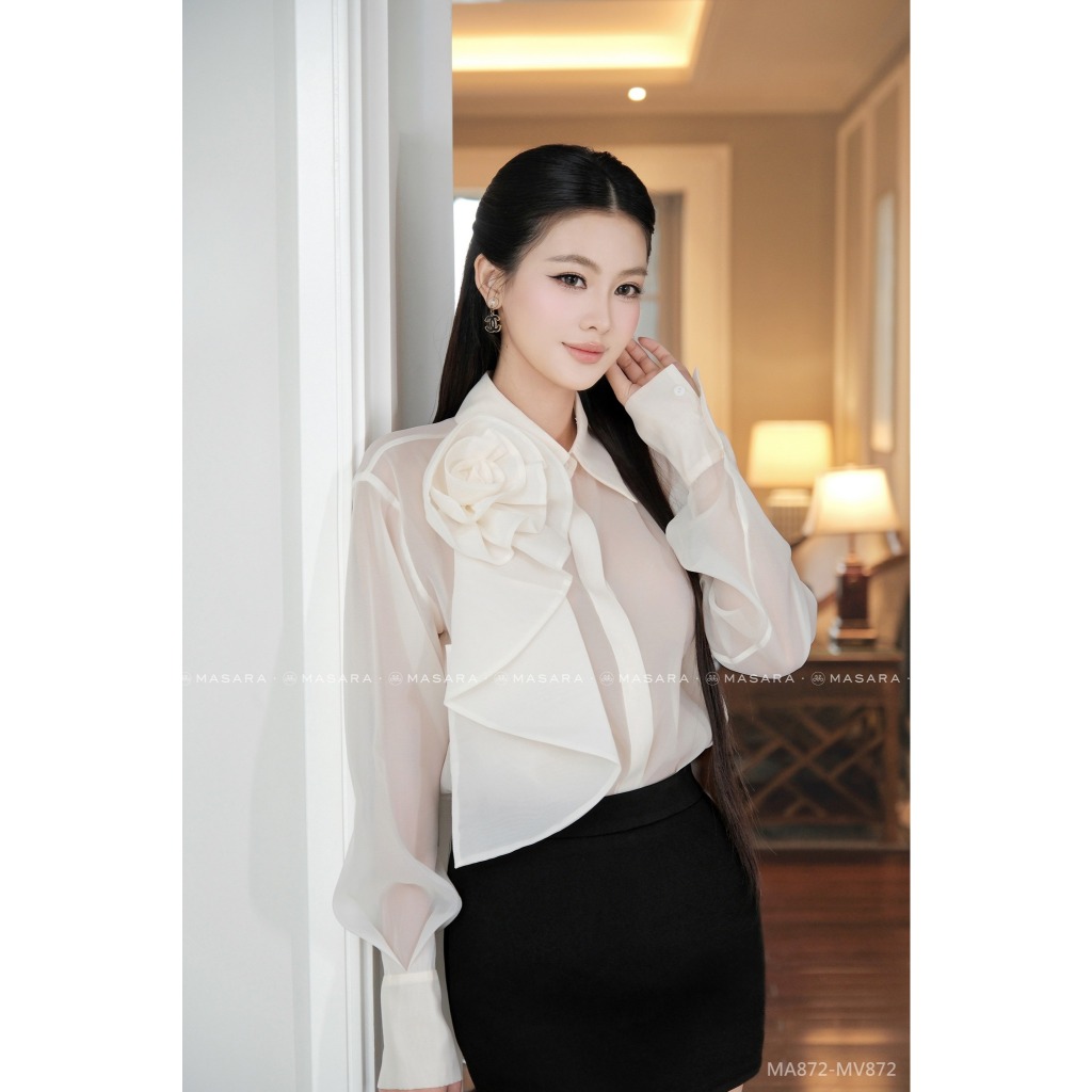 Áo sơ mi oganza hoa kem thanh lịch, đính kèm áo lót kín đáo, phong cách công sở MA872