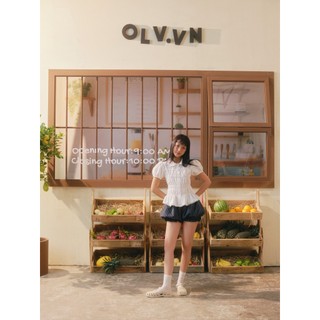 Quần bí OLV ngắn cạp trễ Navy Cotton Striped Puff Shorts trẻ trung năng động