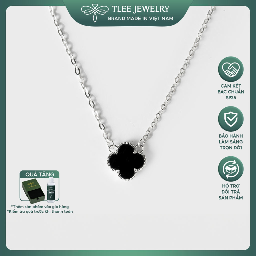 Dây chuyền bạc nữ TLEE mẫu dây cỏ bốn lá đá đen xinh xắn TLEE JEWELRY D0150 | BigBuy360 - bigbuy360.vn