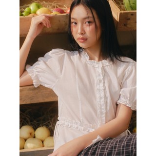 Áo babydoll OLV basic trẻ trung White Ruffled Puff Tied Shirt dễ phối mặc mọi dịp