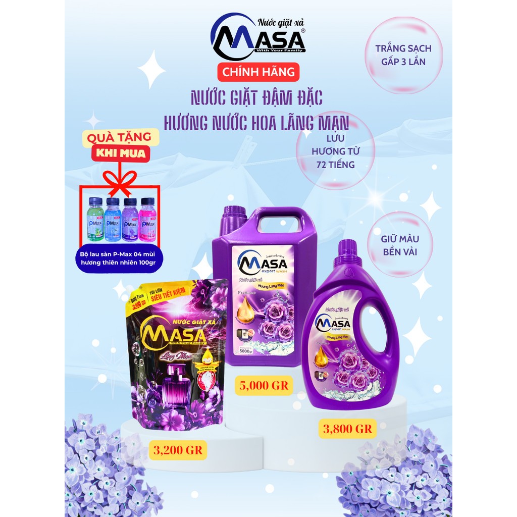Nước Giặt Xả Đậm Đặc MASA- Hương Lãng Mạn, Sạch Sâu, Khử Khuẩn, Lưu Hương, Giặt Quần Áo Em Bé