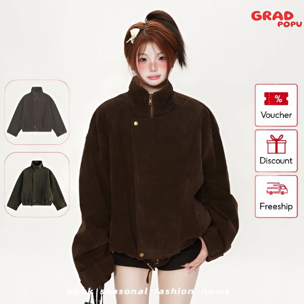 Áo khoác ngoài GRADPOPU cổ đứng phong cách Mỹ dáng rộng màu trơn Parka thời trang thu đông AK248